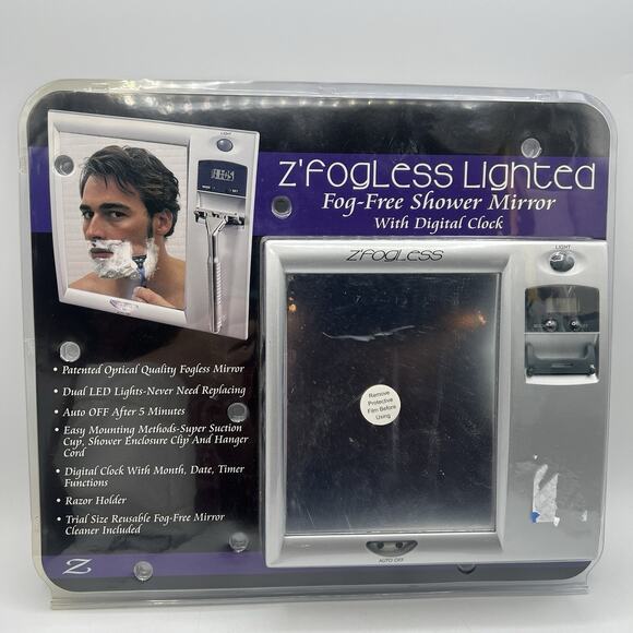 NEW Z’Fogless Fog Free Shower Mirror Lighted Clock Razor Holder Silver Gray 8x8 - Picture 1 of 8